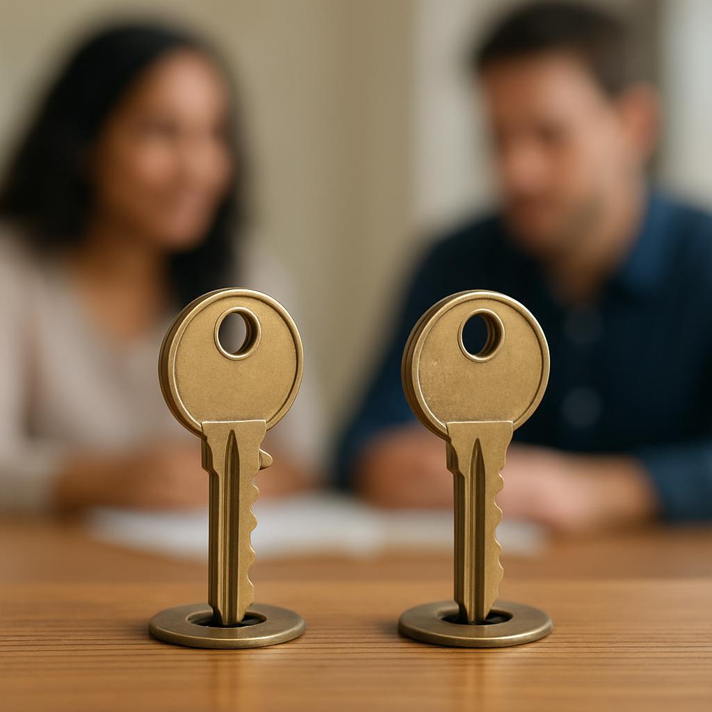 Two similar-looking keys that open related locks