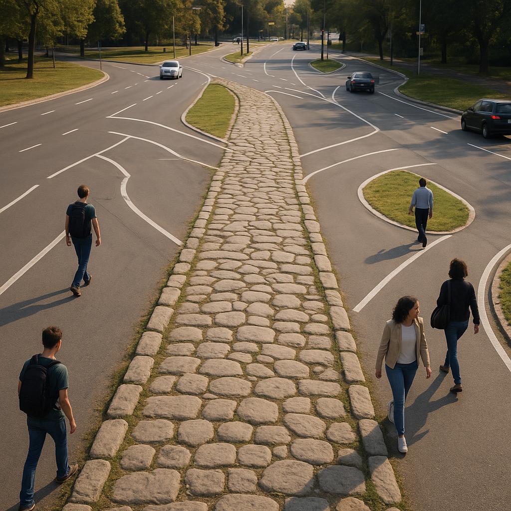 Ancient Roman road branching into many modern roads