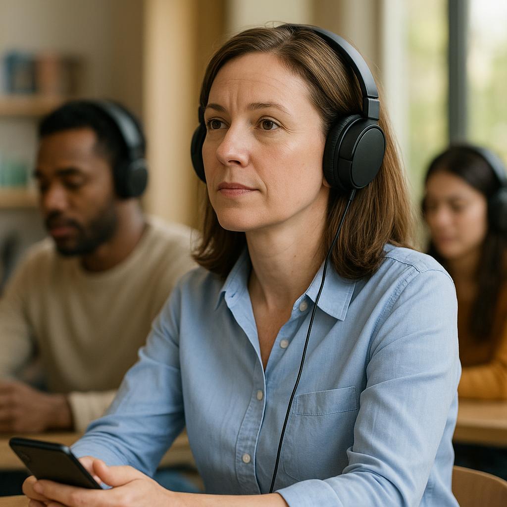 Language learner listening attentively during a daily routine