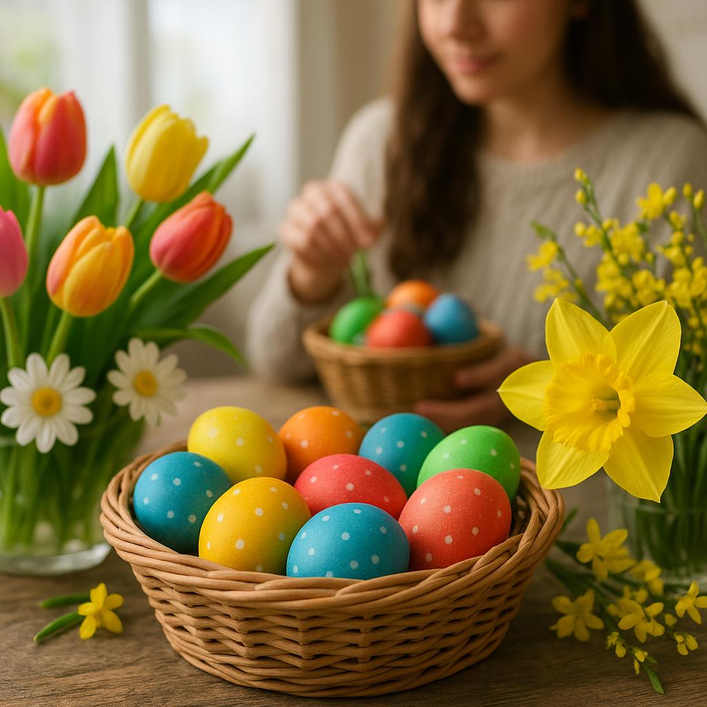 Decorated Easter eggs and spring flowers