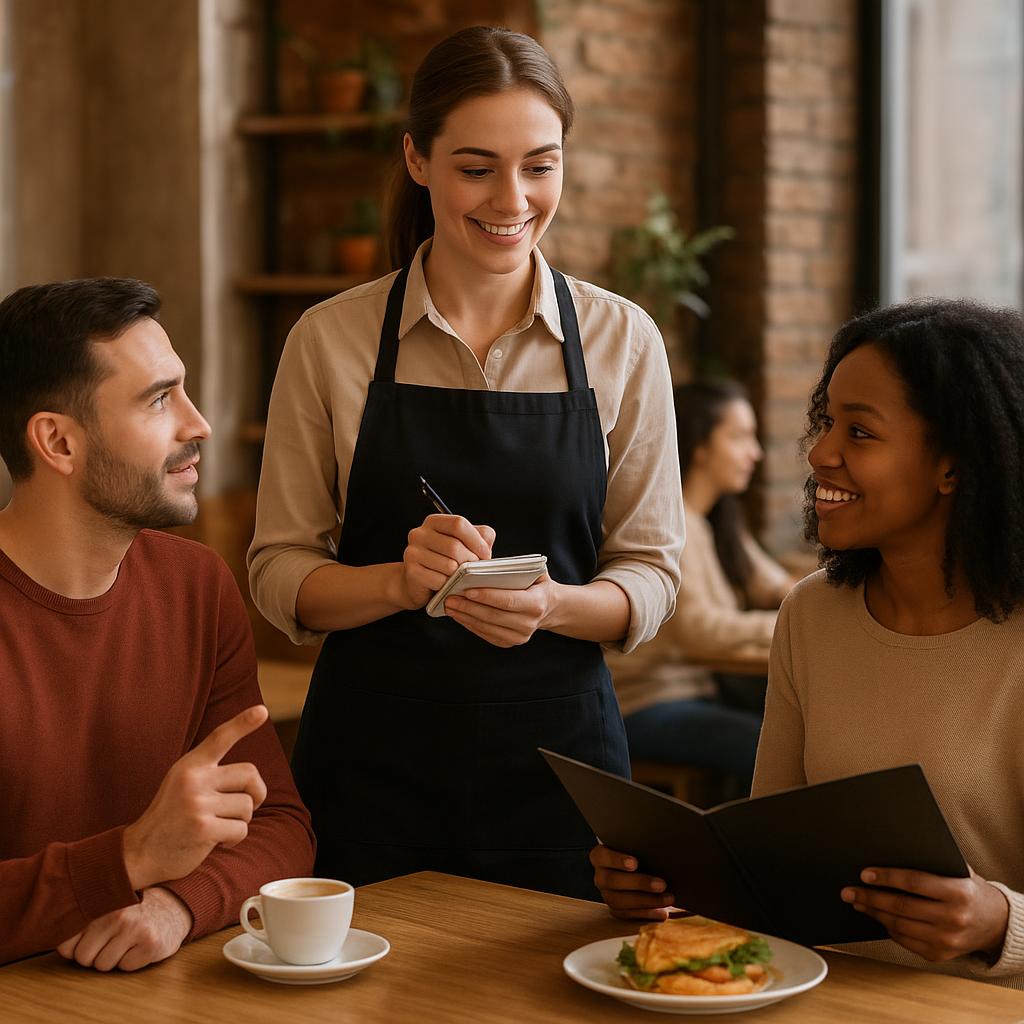 Server taking an order from customers in a café