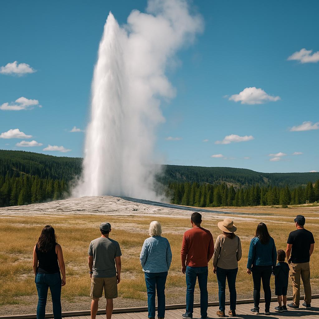 Old Faithful geyser erupting in Yellowstone