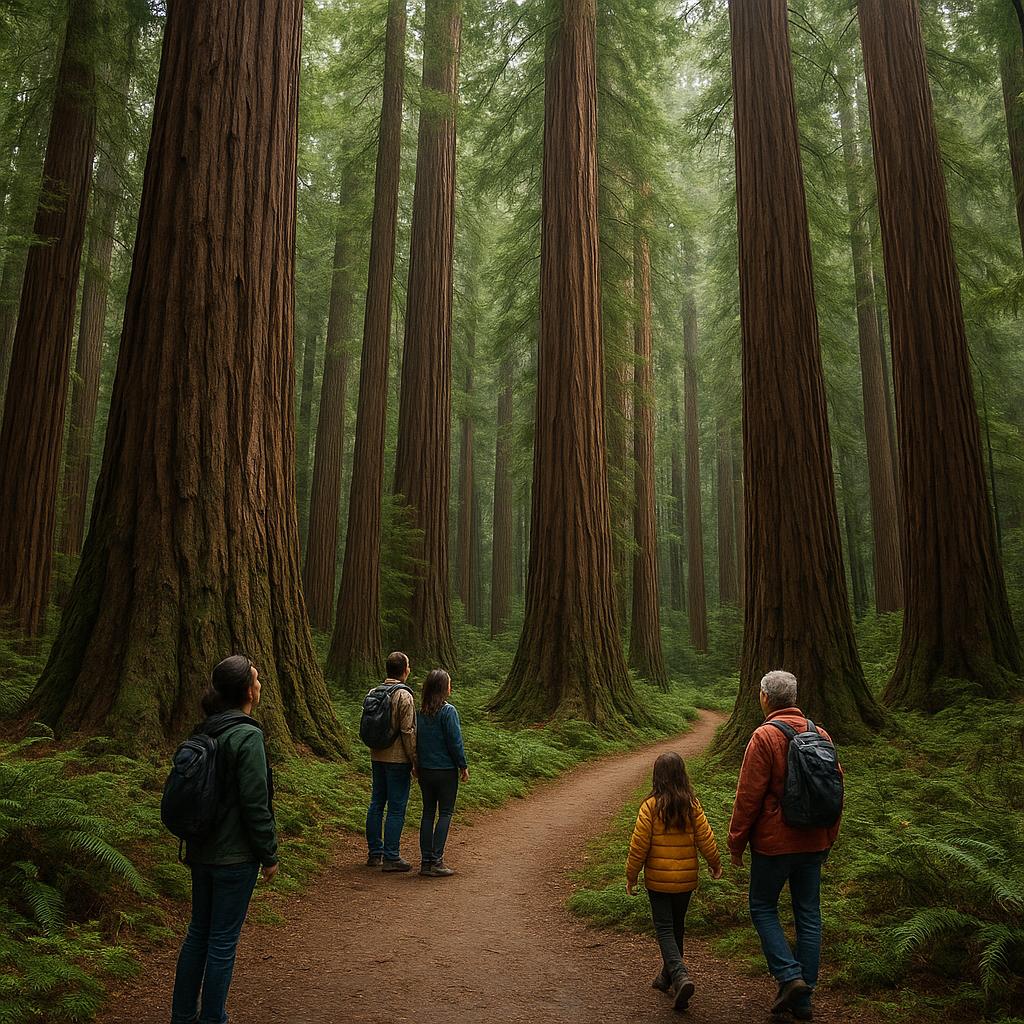 Towering coastal redwood trees in northern California
