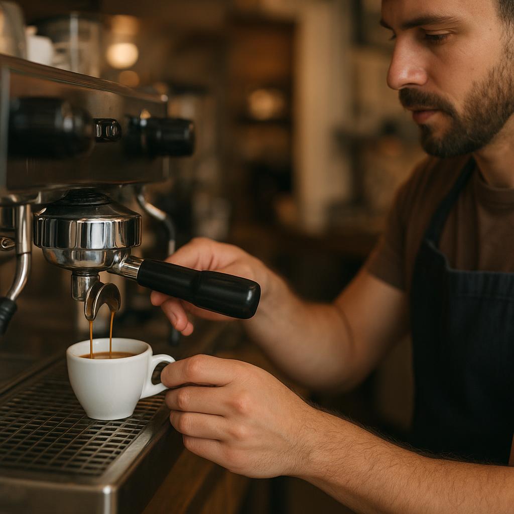 Barista che prepara un espresso con una macchina tradizionale
