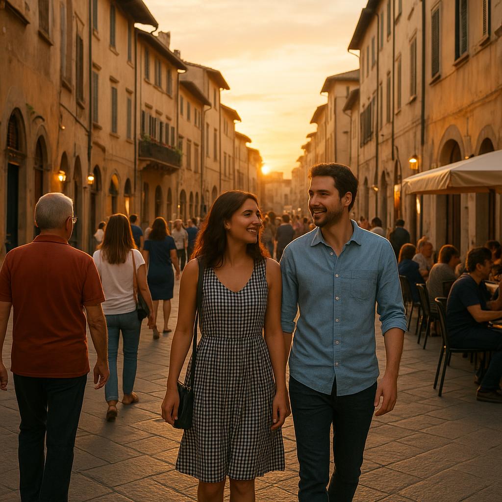 People walking through an Italian town at sunset