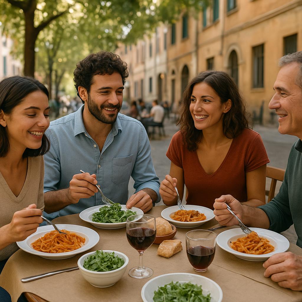 People enjoying a relaxed meal outdoors
