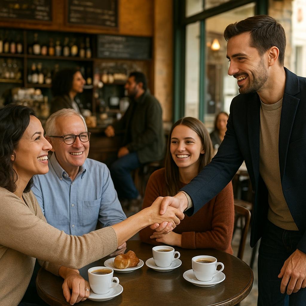 People greeting one another in an Italian café