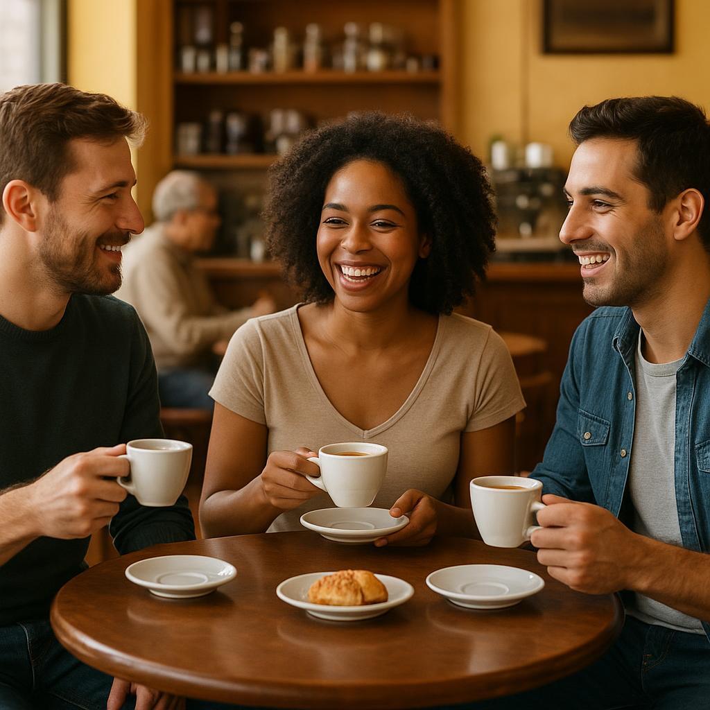 Amigos conversando em uma cafeteria brasileira