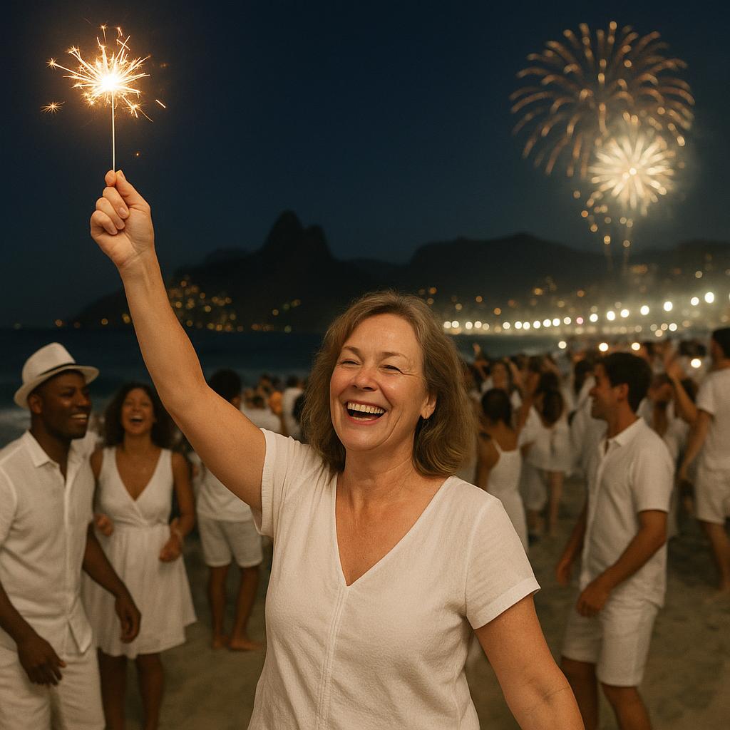People dressed in white celebrating New Year's Eve on a Brazilian beach at midnight