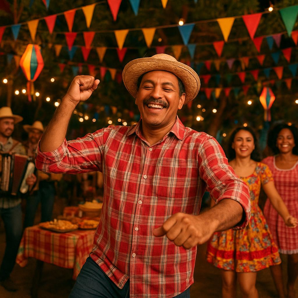 Colorful Festa Junina celebration with traditional decorations, music, and dancing