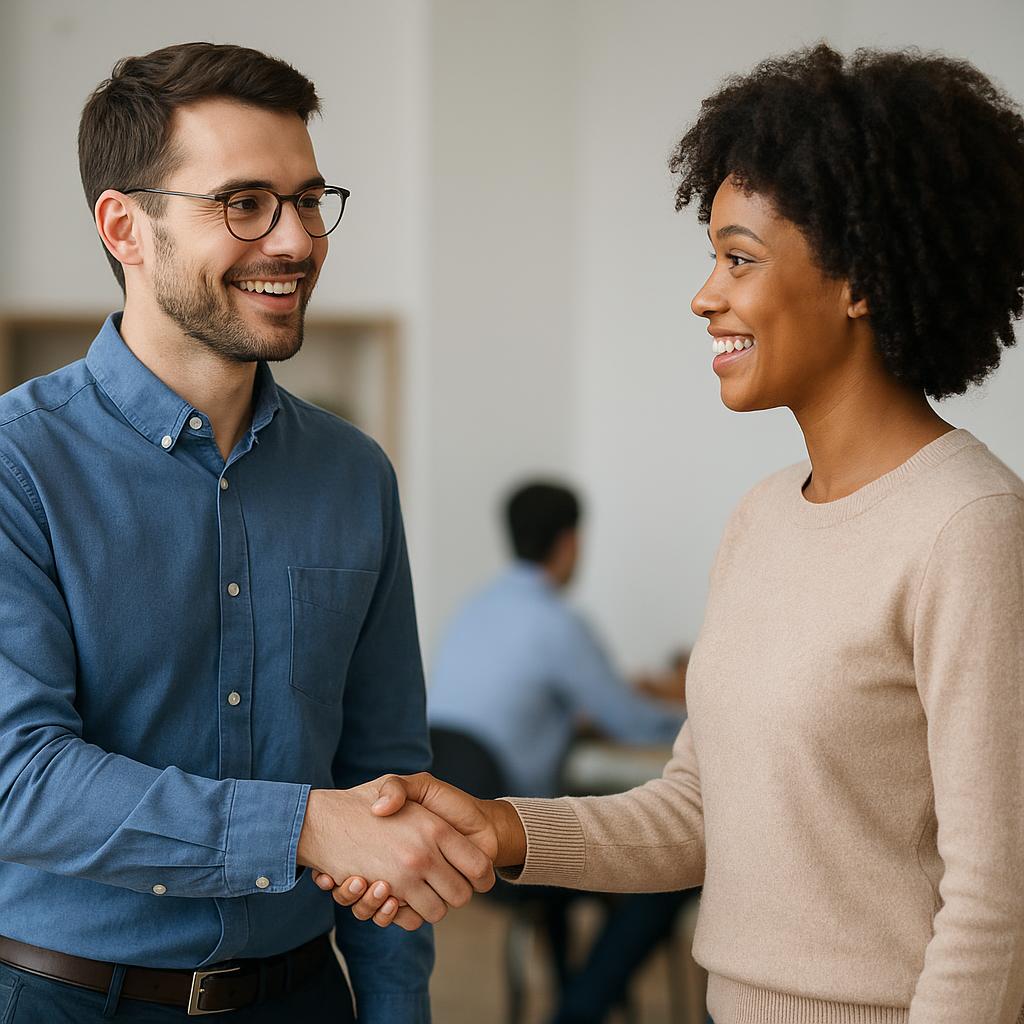 Zwei Personen geben sich zur Begrüßung die Hand