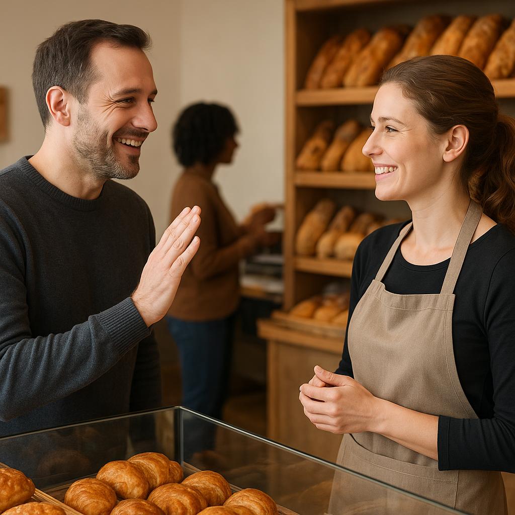 Person bedankt sich freundlich bei einer Verkäuferin in einer Bäckerei
