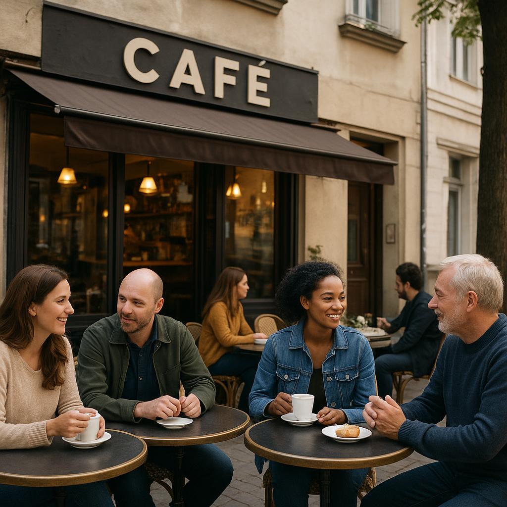 Gäste sitzen in einem Straßencafé