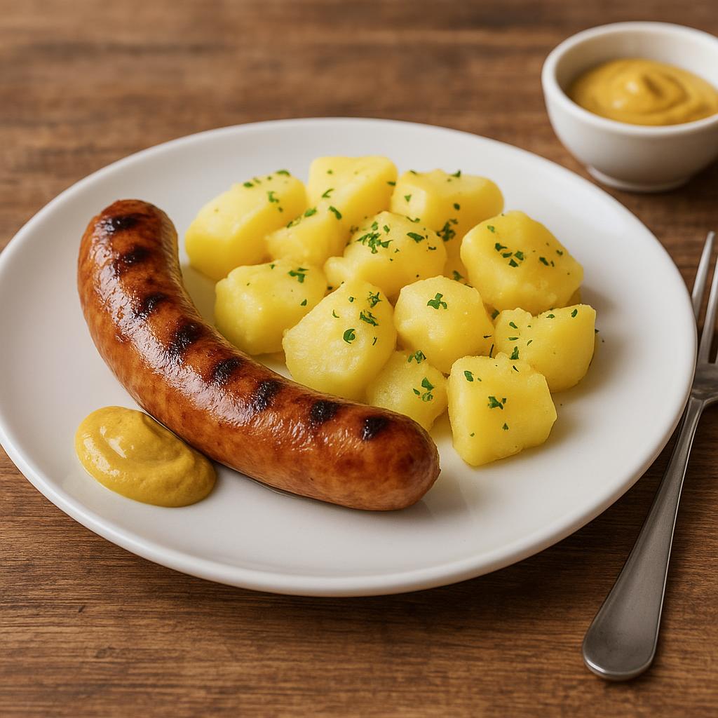 Teller mit Bratwurst, Kartoffeln und Senf auf einem Holztisch