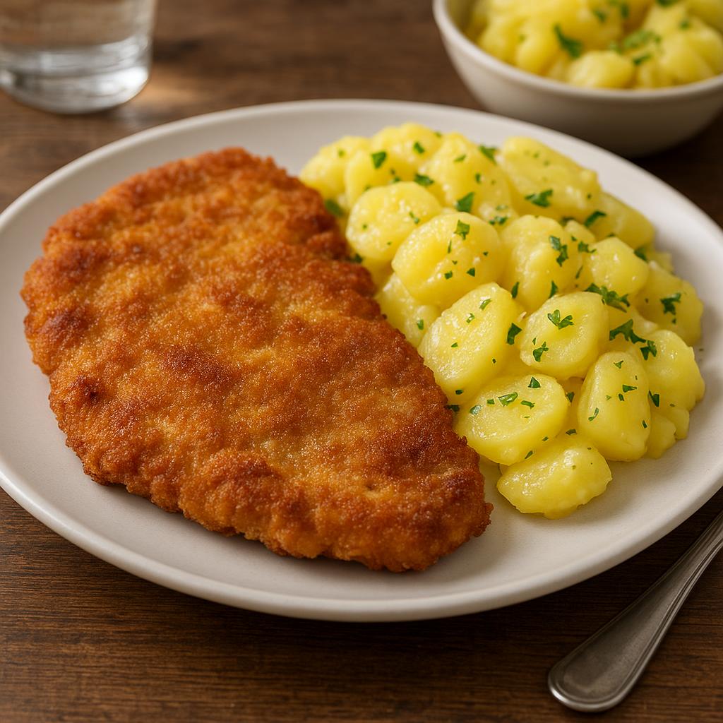 Knuspriges Schnitzel mit Kartoffelsalat auf einem Teller