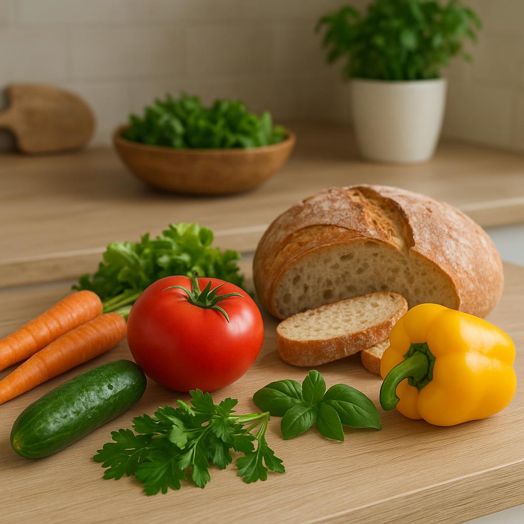 Gemüse, Brot und Kräuter auf einem Küchentisch