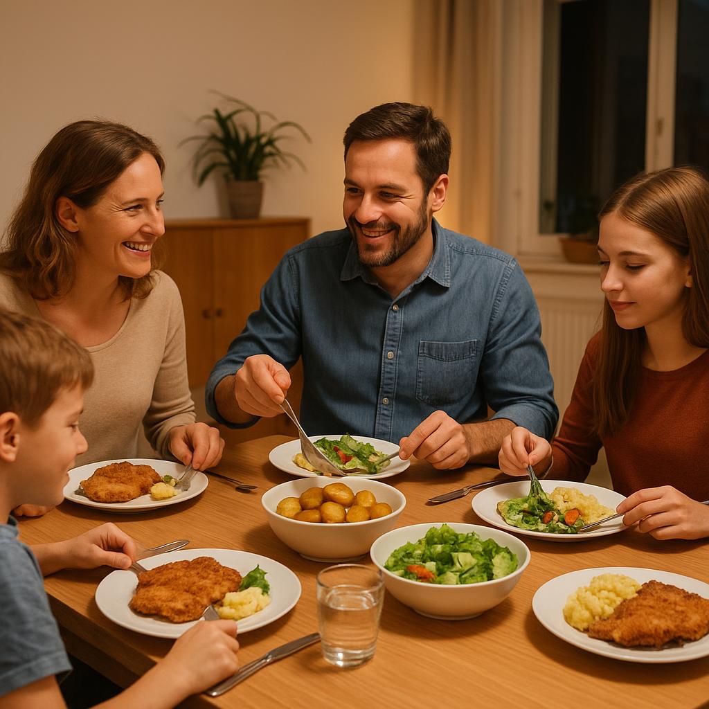 Familie sitzt gemeinsam beim Abendessen am Tisch