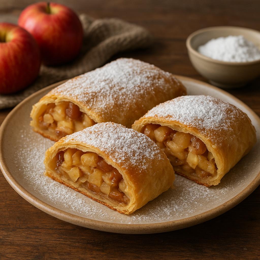 Frisch gebackener Apfelstrudel mit Puderzucker