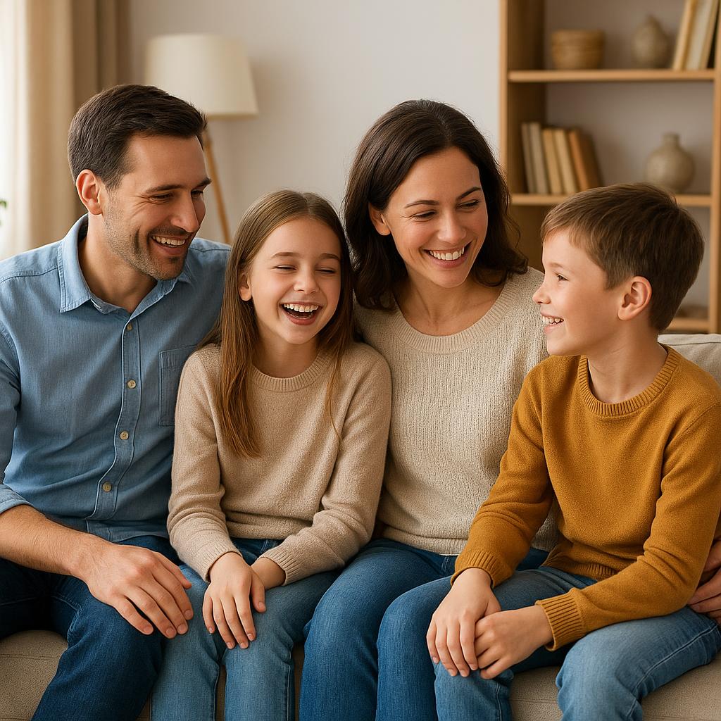 Familie sitzt gemeinsam im Wohnzimmer
