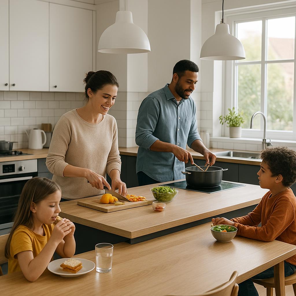 Moderne Küche mit Esstisch und Fenstern