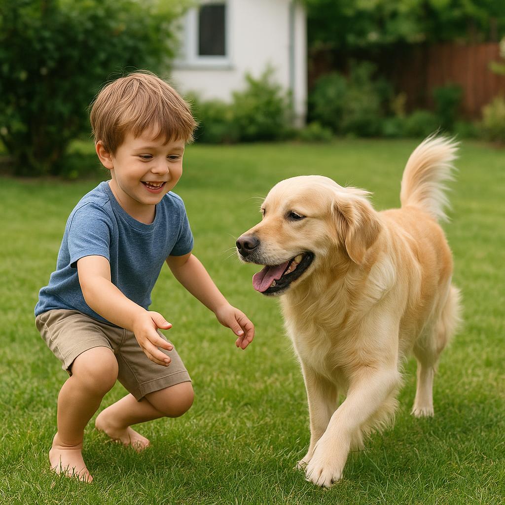 Kind spielt mit einem Hund im Garten