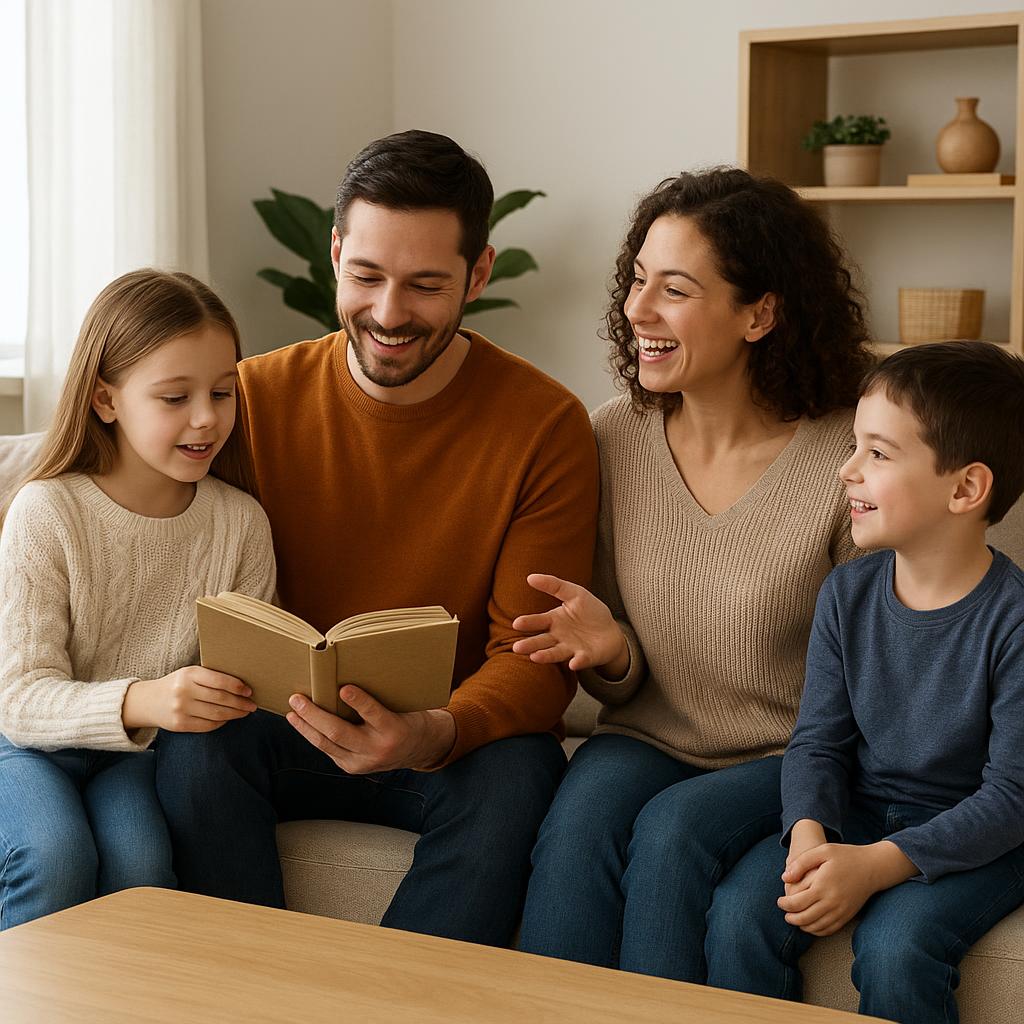 Familie liest und unterhält sich im Wohnzimmer
