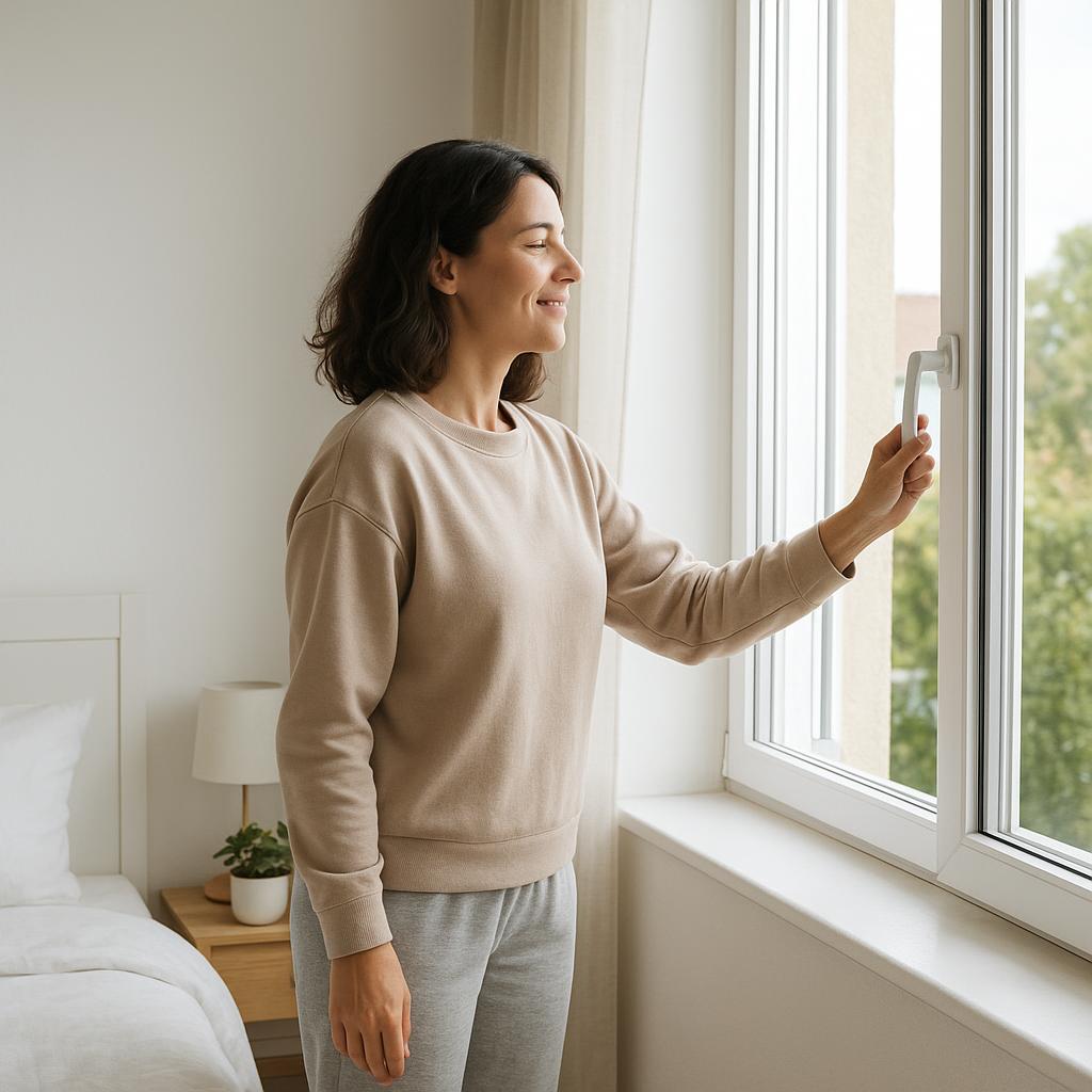 Person öffnet morgens das Fenster in einem hellen Schlafzimmer