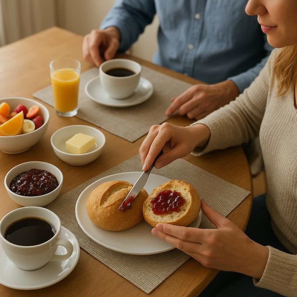 Gedeckter Frühstückstisch mit Brötchen und Kaffee