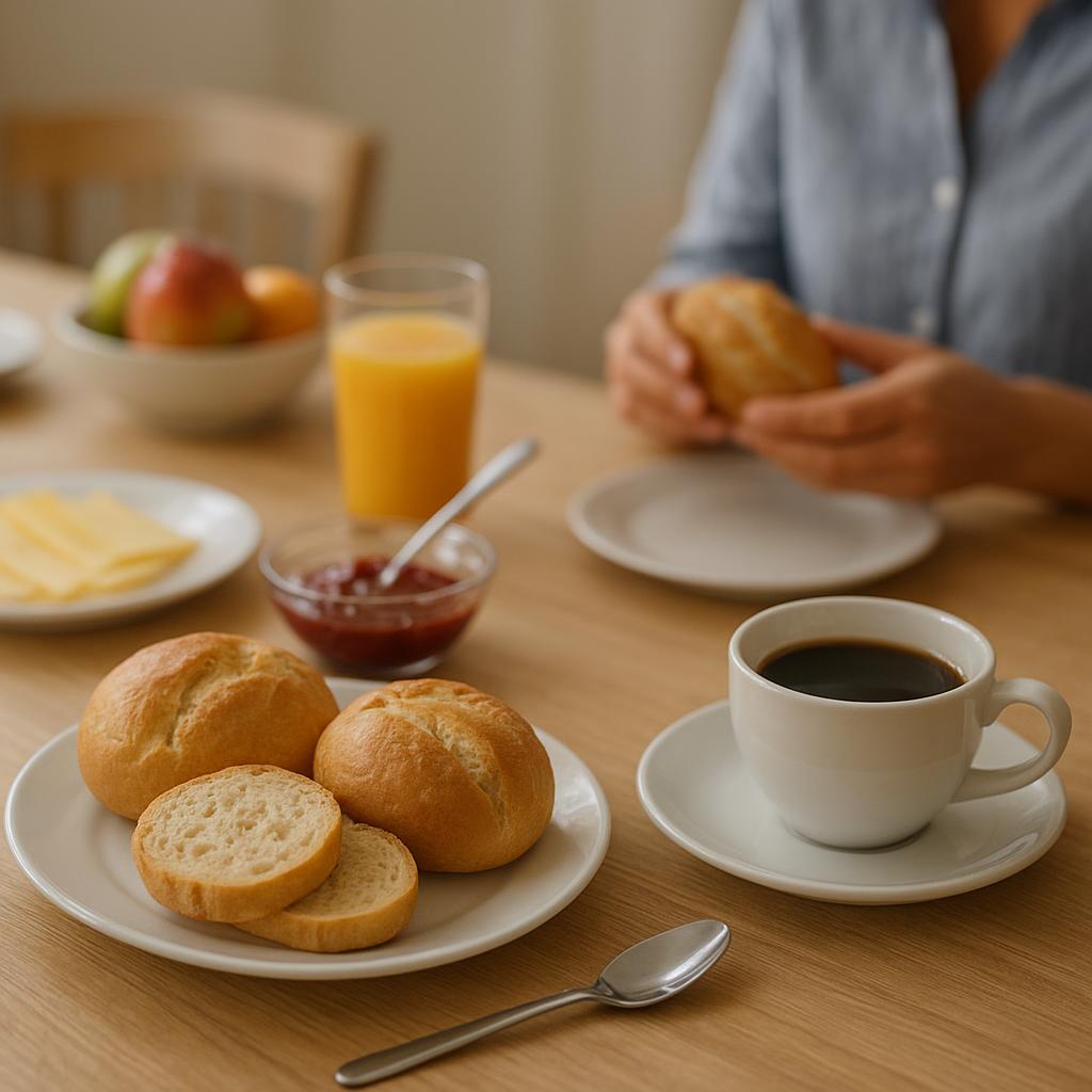 Gedeckter Frühstückstisch mit Brötchen und Kaffee