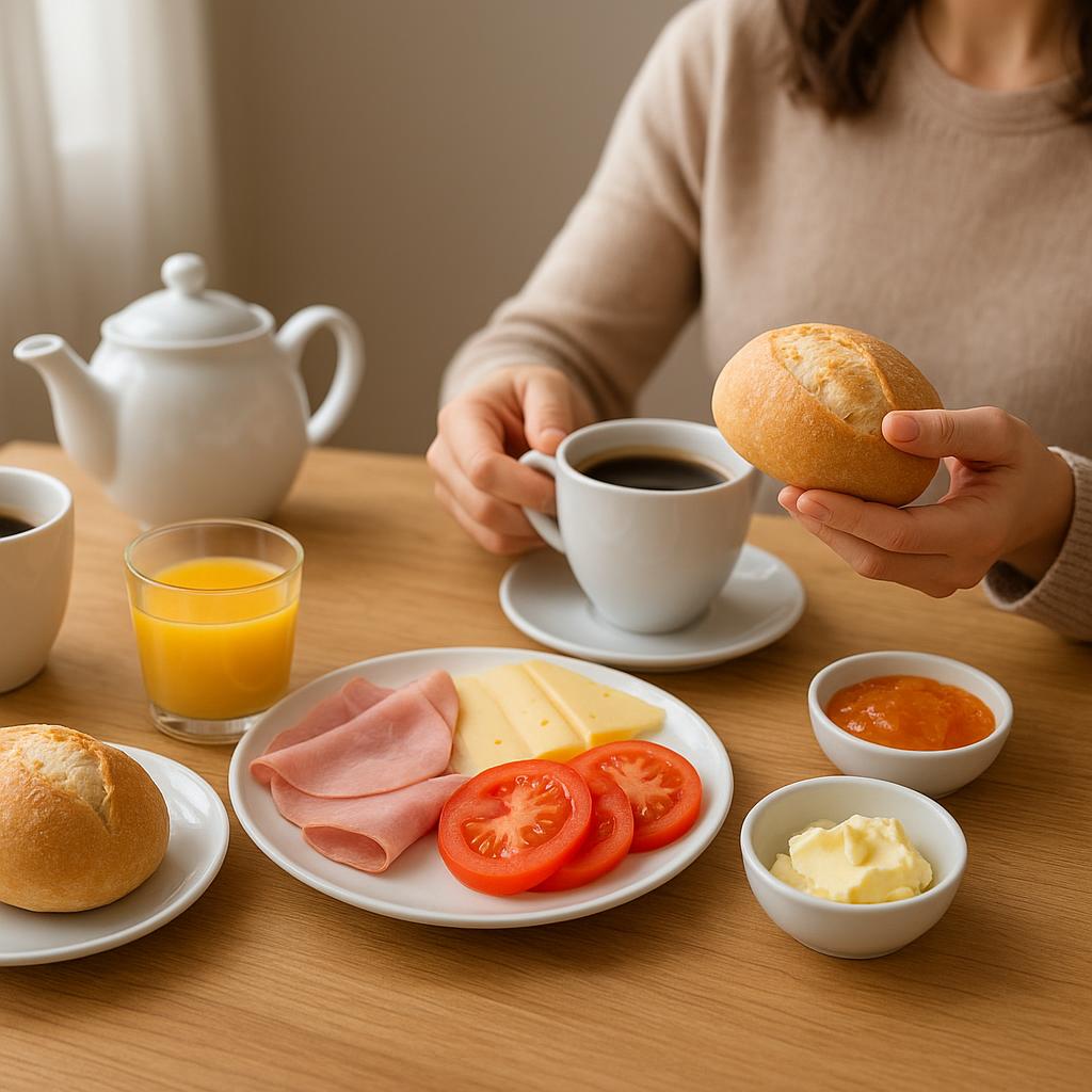 Gedeckter Frühstückstisch mit Brötchen und Kaffee