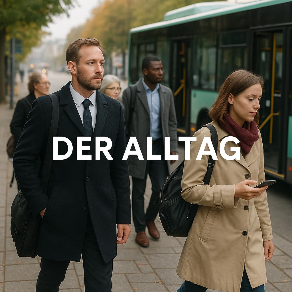 Menschen gehen zu einer Bushaltestelle auf dem Weg zur Arbeit
