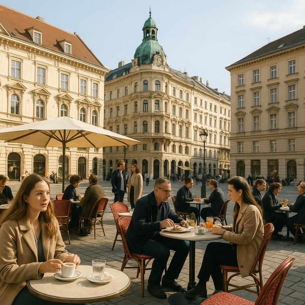 Straßencafé vor historischen Gebäuden in Wien
