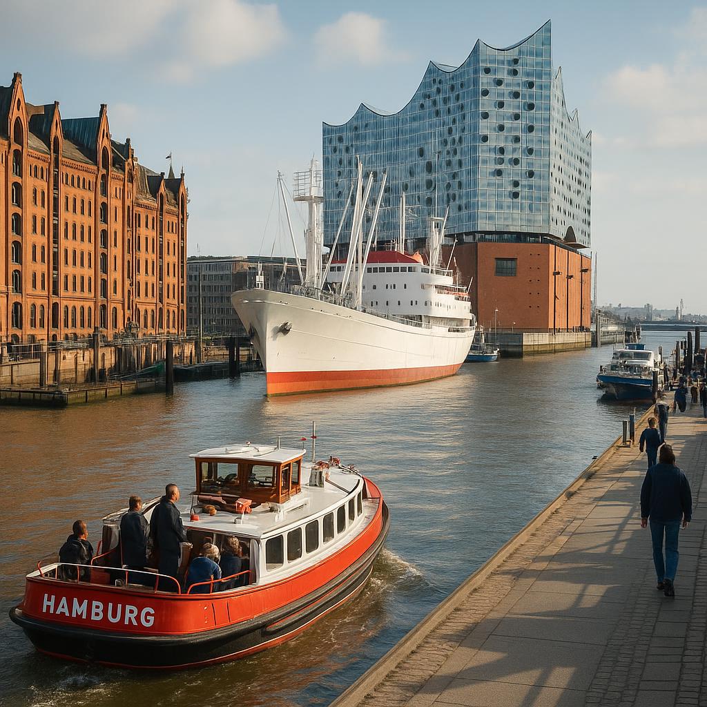 Hafen mit Schiffen und Speicherstadt