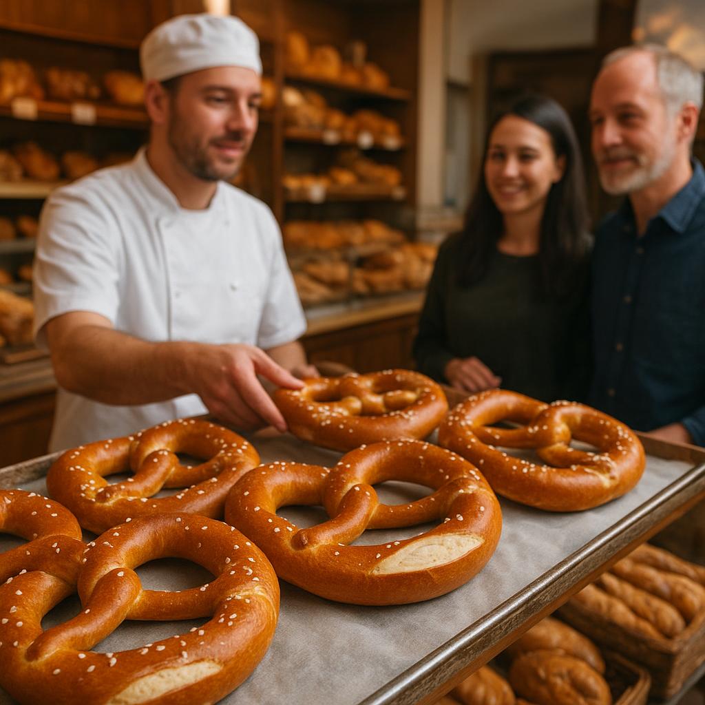 Freshly baked German pretzels in a traditional bakery