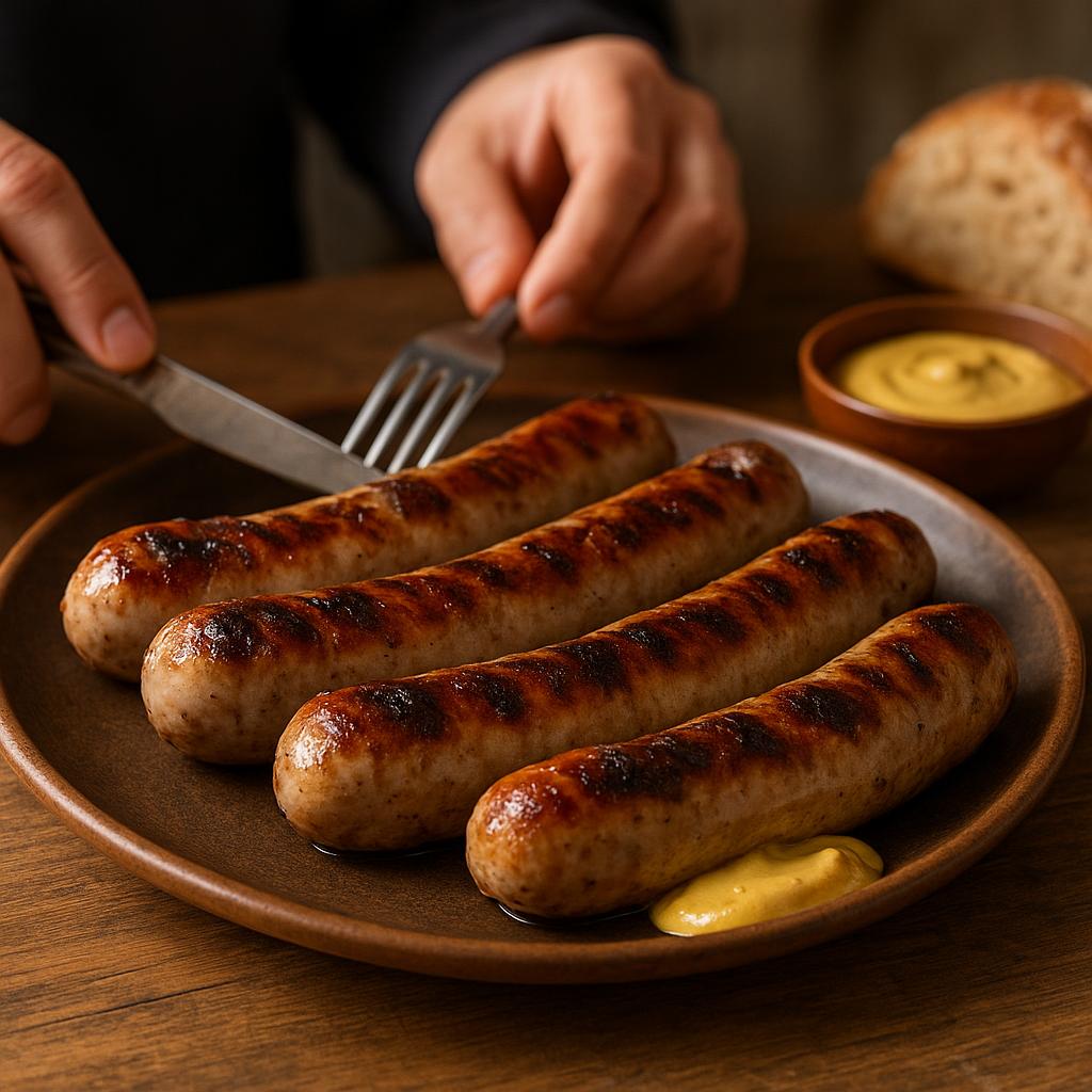 Grilled German bratwurst served with mustard