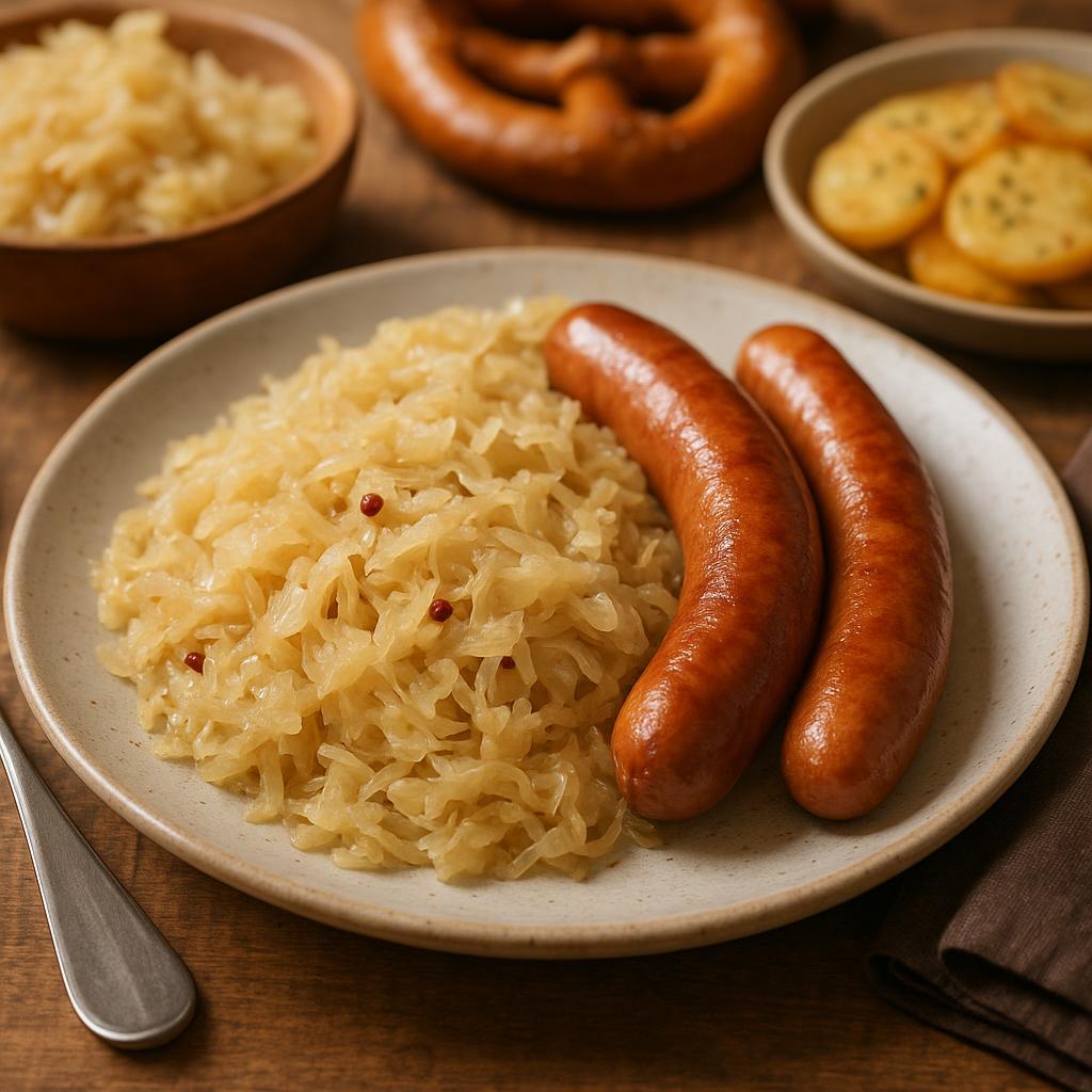 Traditional German meal with sauerkraut and sausages