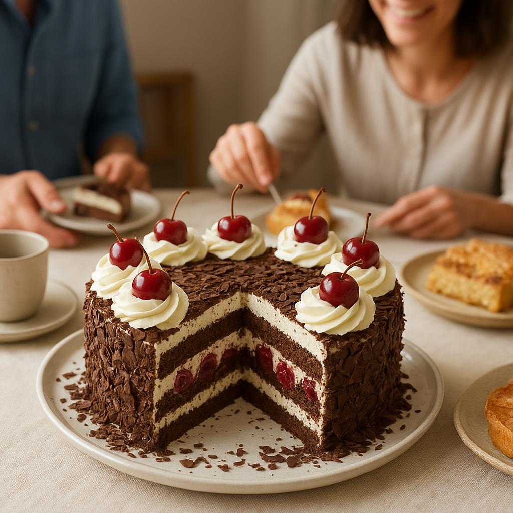 Classic Black Forest cake on a dessert table