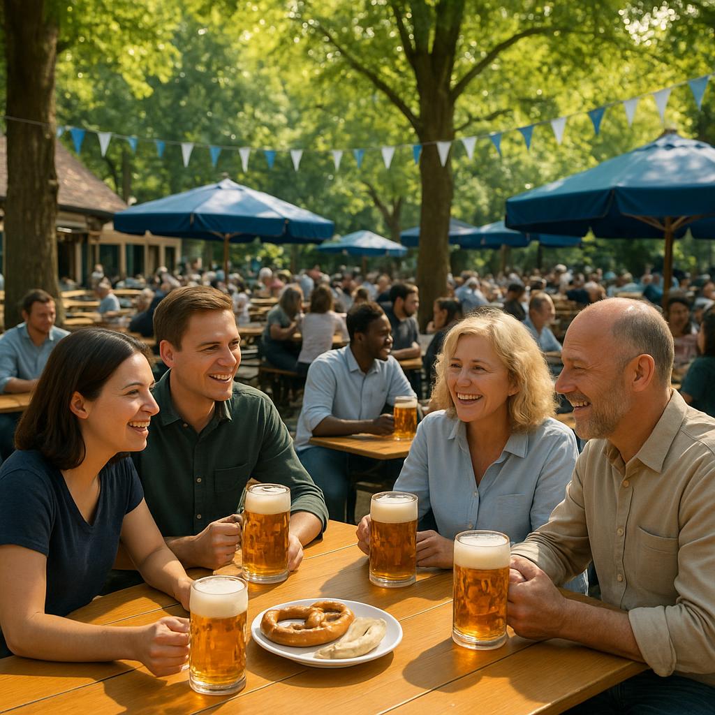 People enjoying food and drinks in a traditional beer garden
