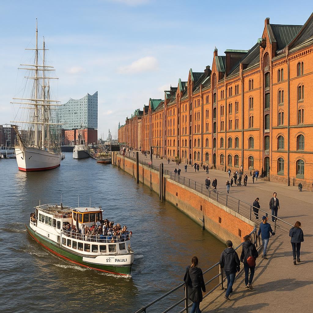 Hamburg harbor with ships and historic warehouses