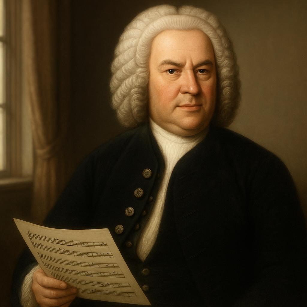 Portrait of Johann Sebastian Bach with sheet music
