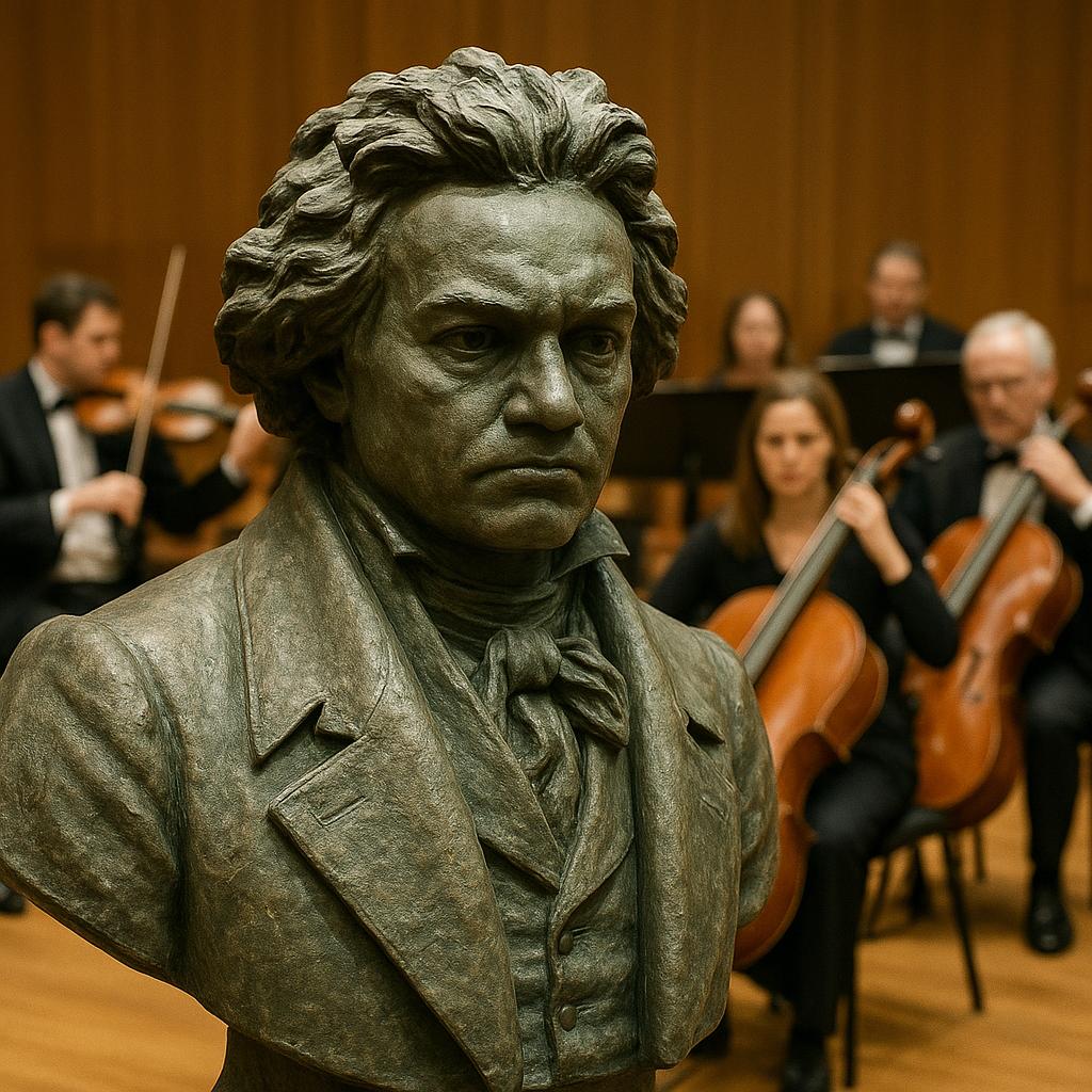 Statue of Beethoven with an orchestra in the background