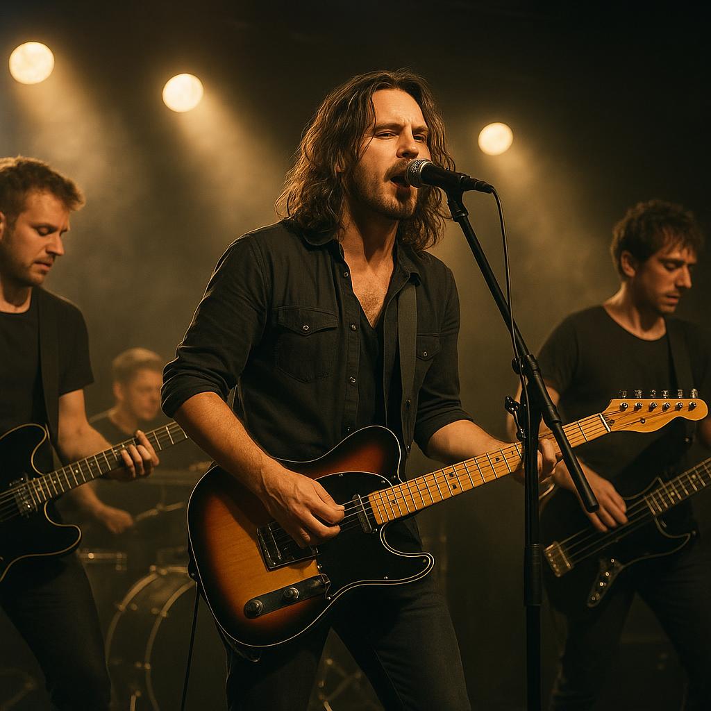 Rock band performing on stage with guitars