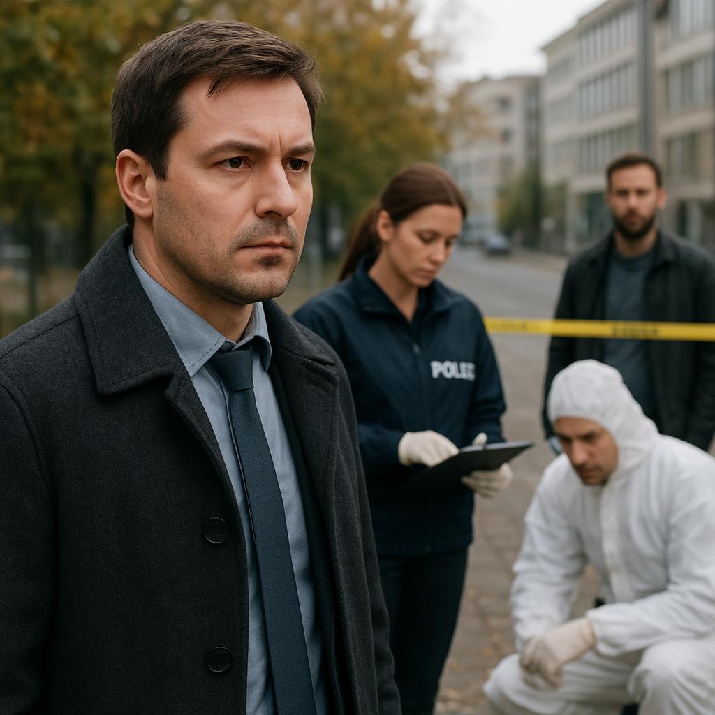 Television detective scene with investigators
