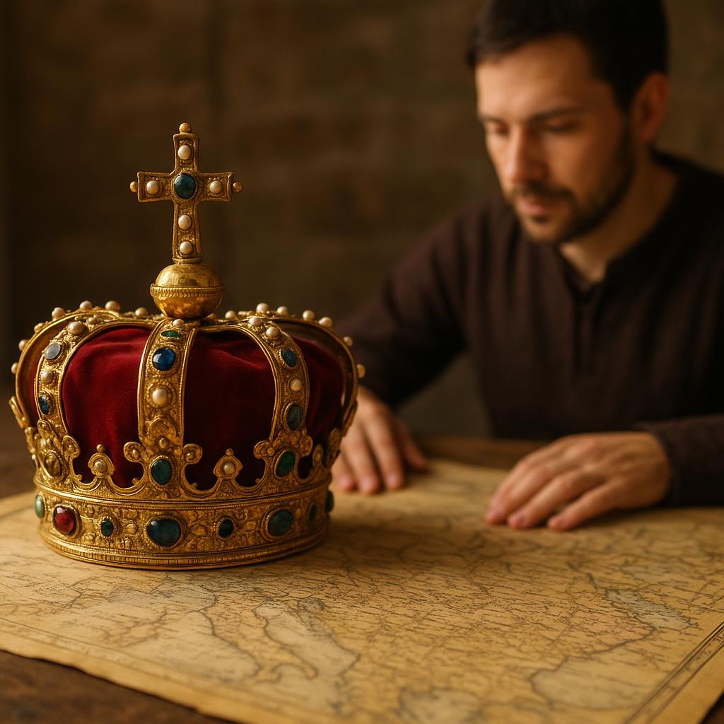 Medieval imperial crown and historic map