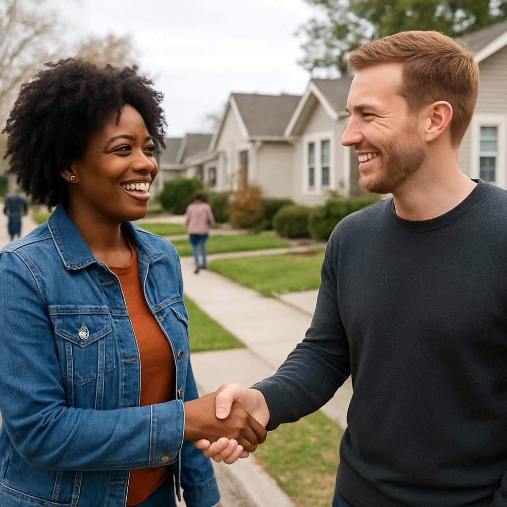 Two people smiling and shaking hands in a neighborhood