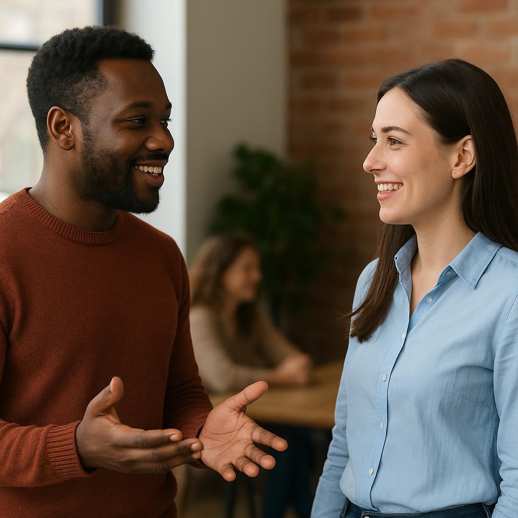 A friendly conversation between two people introducing themselves