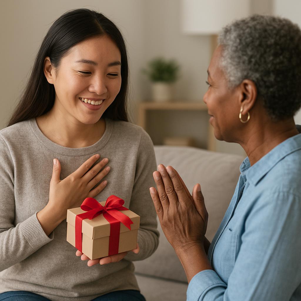 Person saying thank you after receiving a small gift