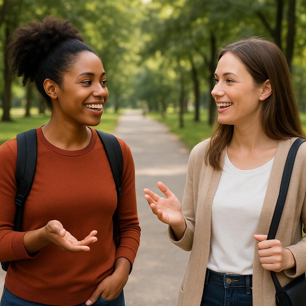 Two friends talking on a park path