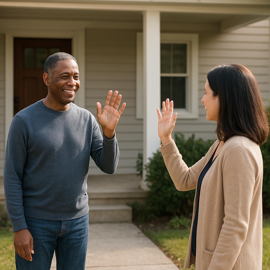 Two people waving goodbye outside a house