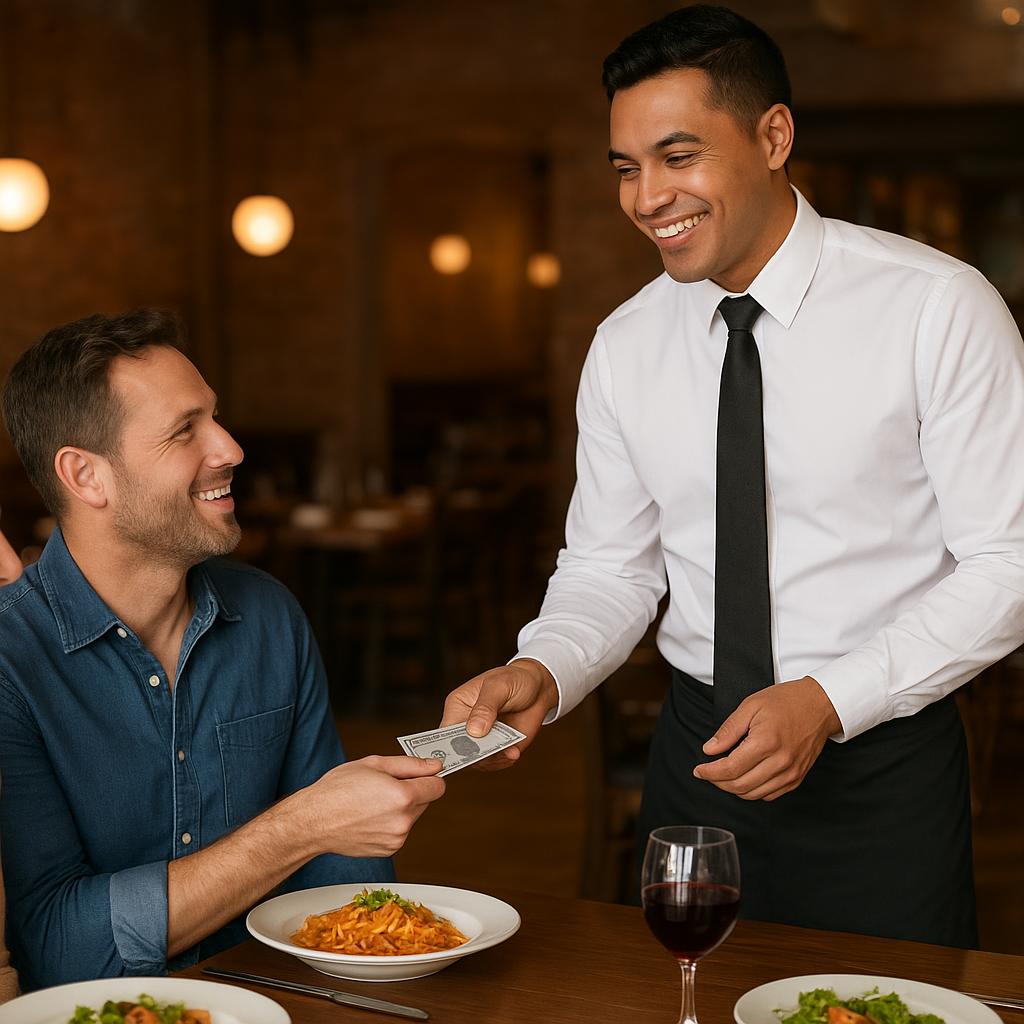 Server smiling beside a restaurant table